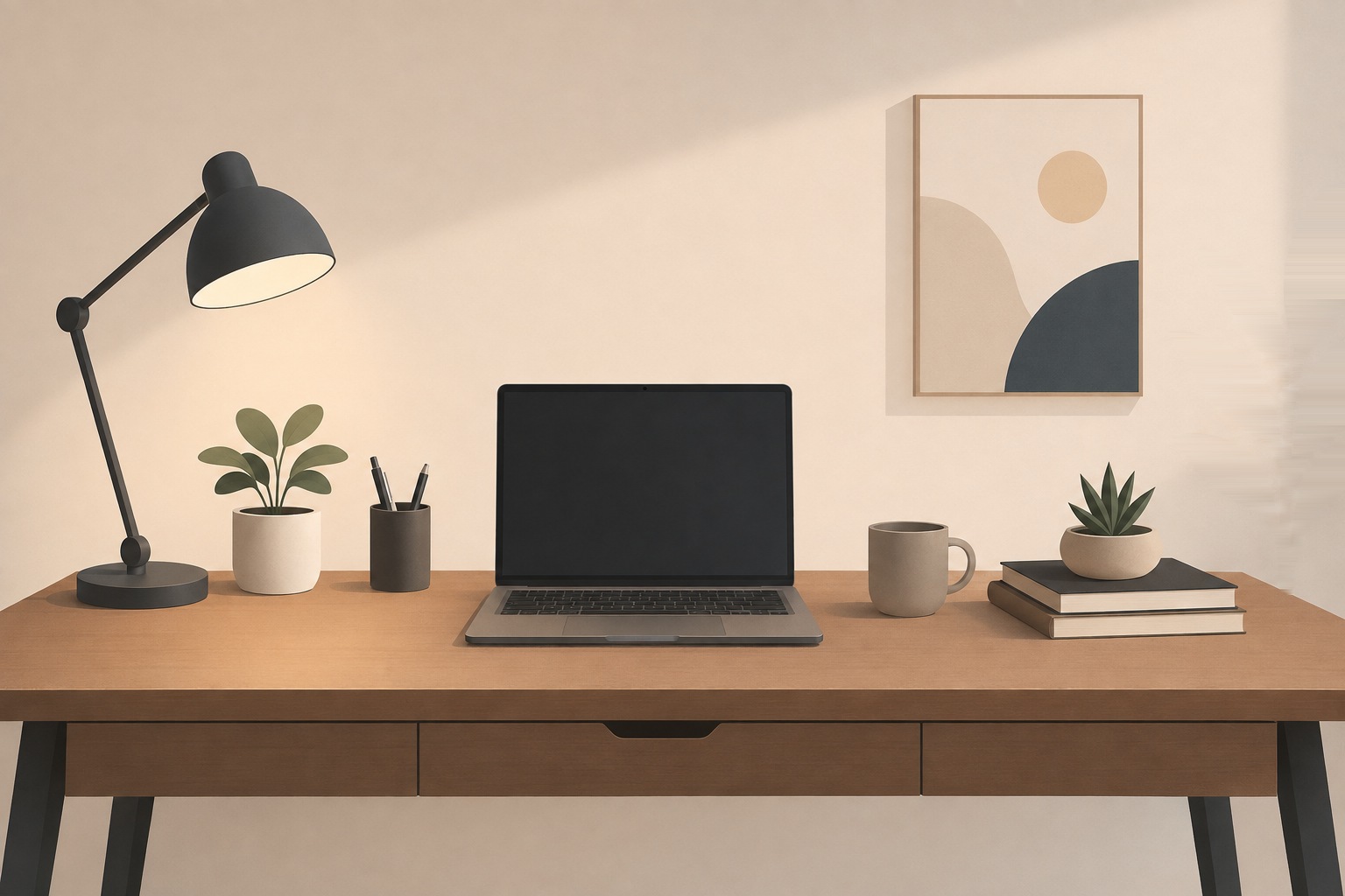 A desk with a laptop, lamp, plants, a mug and a stack of books
